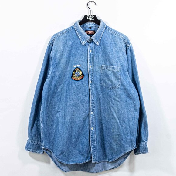 Sony Denim Button Down Shirt Butterfield Stage Crest XXL VTG Streetwear - Picture 1 of 9